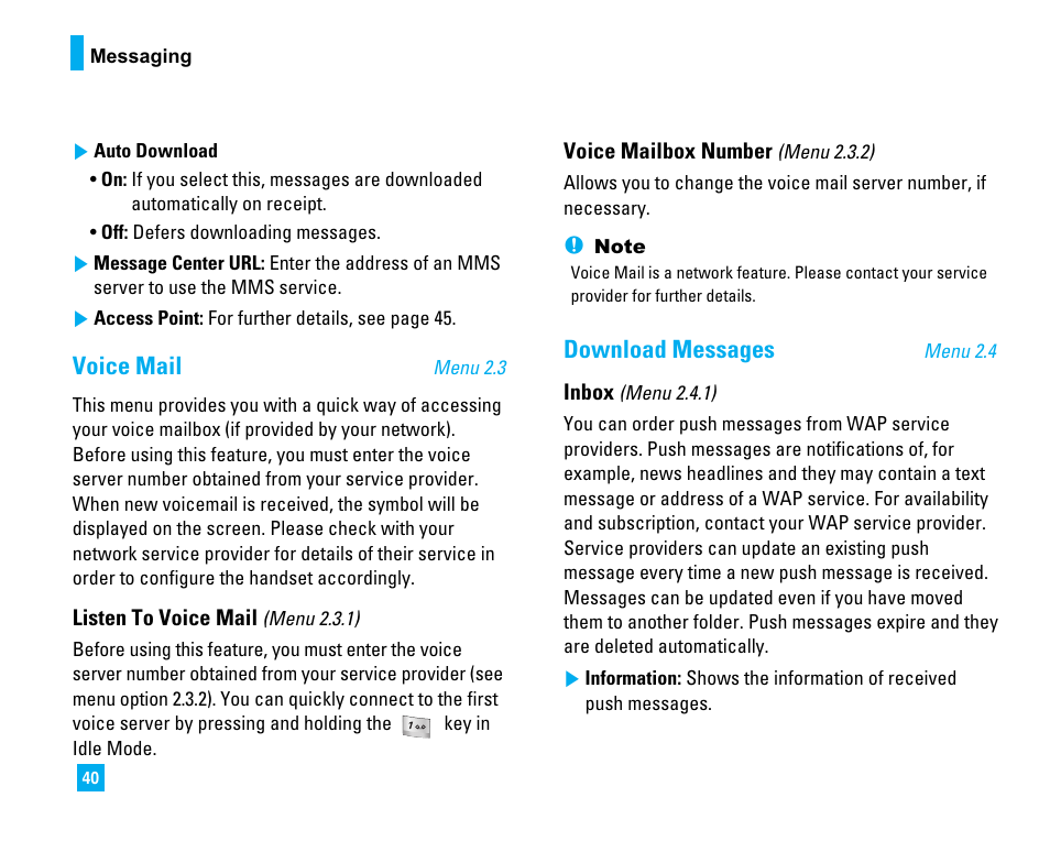 Voice mail, Download messages | LG 1500 User Manual | Page 44 / 196