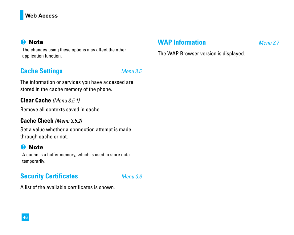 Cache settings, Security certificates, Wap information | LG 1500 User Manual | Page 50 / 196