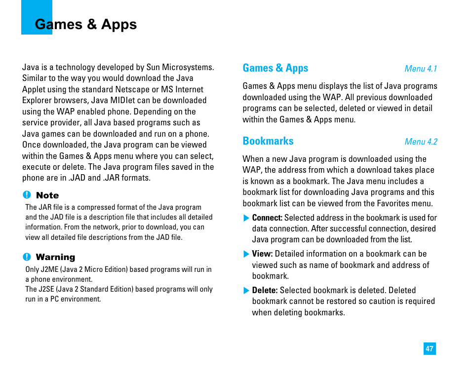 Games & apps, Bookmarks | LG 1500 User Manual | Page 51 / 196