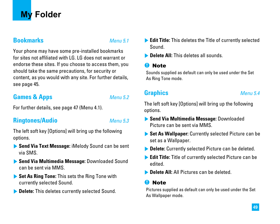 My folder, Bookmarks, Games & apps | Ringtones/audio, Graphics | LG 1500 User Manual | Page 53 / 196