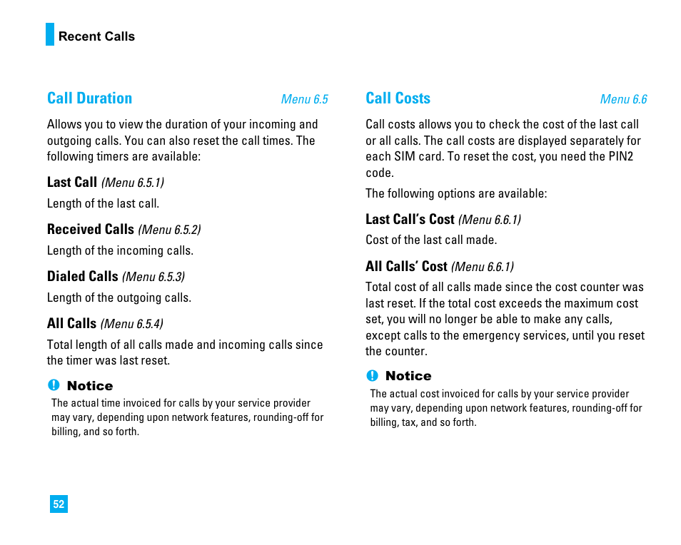 Call duration, Call costs | LG 1500 User Manual | Page 56 / 196