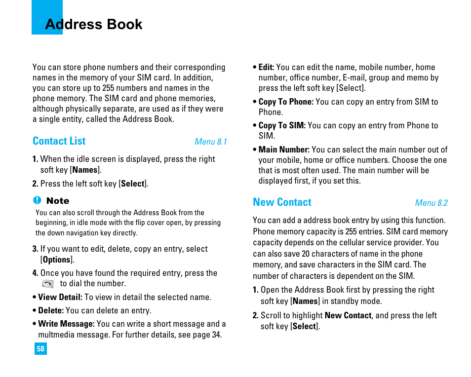 Address book, Contact list, New contact | LG 1500 User Manual | Page 62 / 196