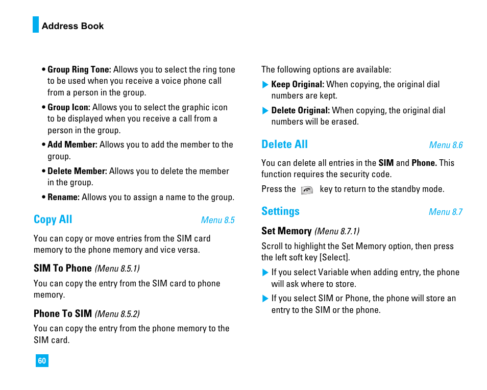 Copy all, Delete all, Settings | LG 1500 User Manual | Page 64 / 196