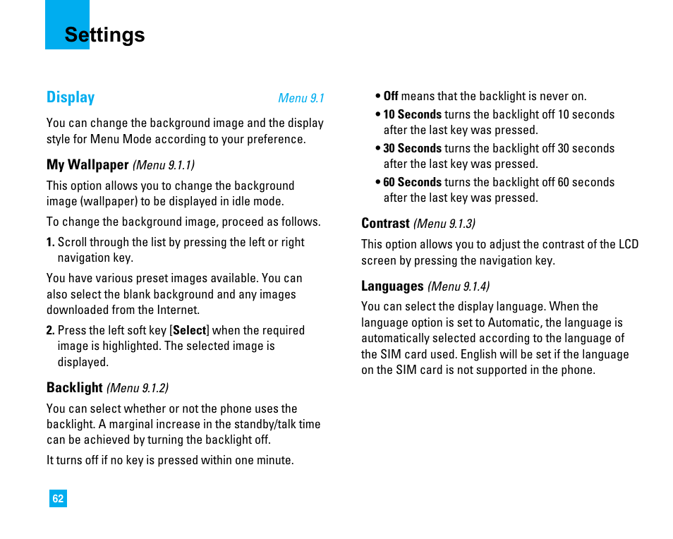 Settings, Display | LG 1500 User Manual | Page 66 / 196