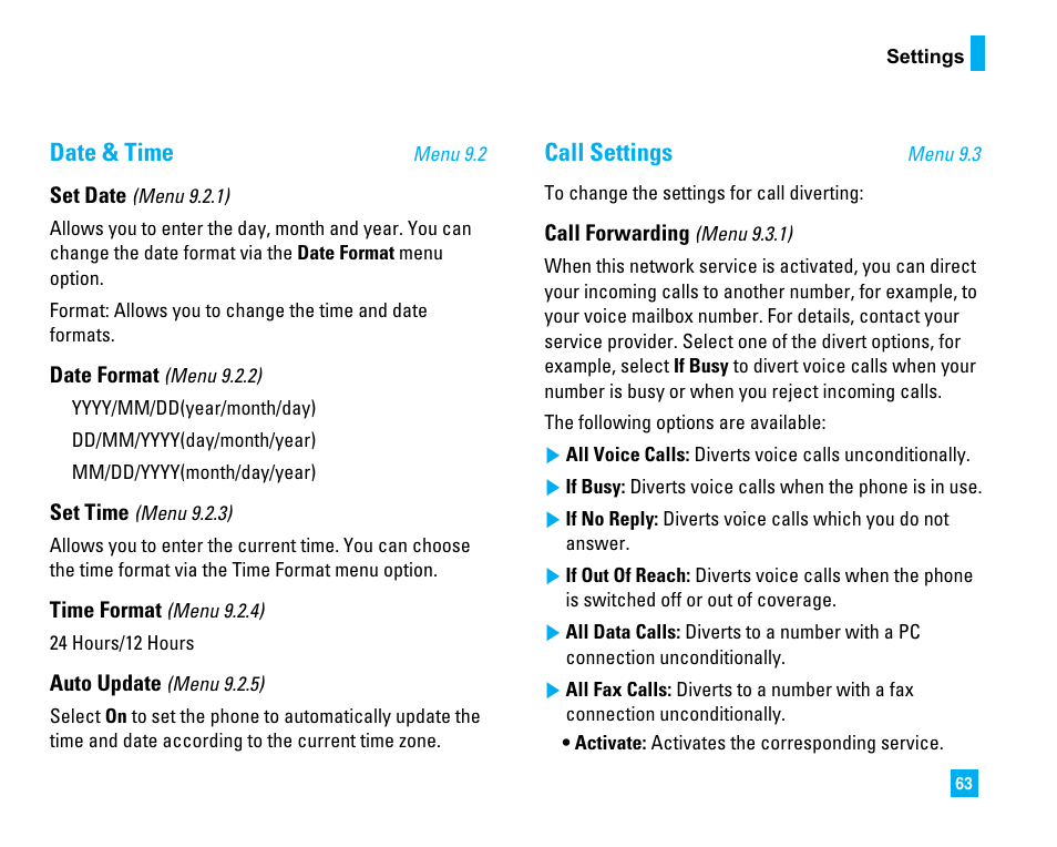 Date & time, Call settings | LG 1500 User Manual | Page 67 / 196
