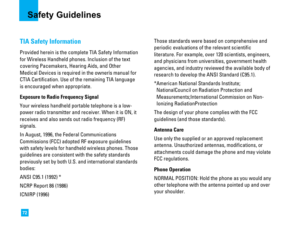 Safety guidelines, Tia safety information | LG 1500 User Manual | Page 76 / 196