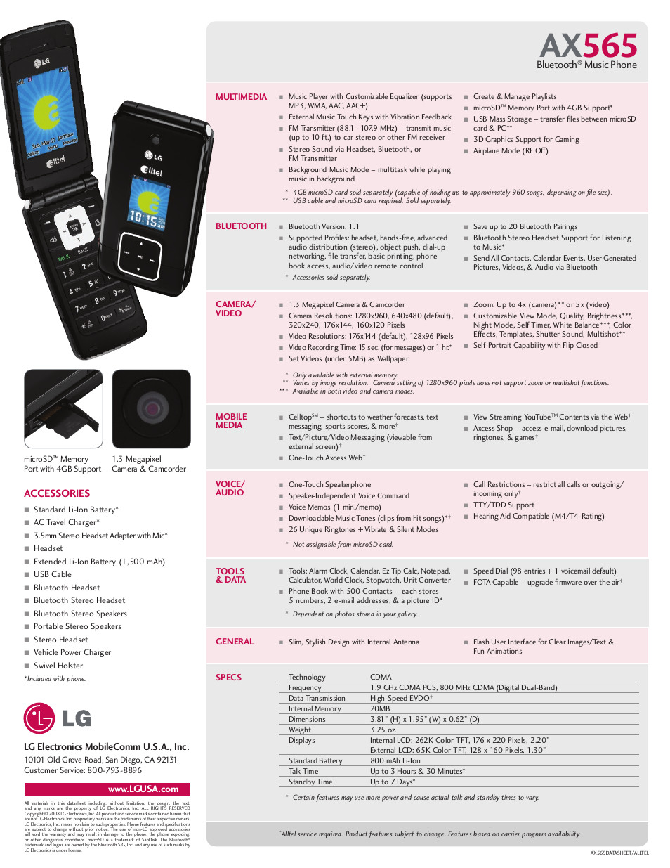 Ax 565, Bluetooth, Music phone | Accessories | LG AX565 User Manual | Page 2 / 2