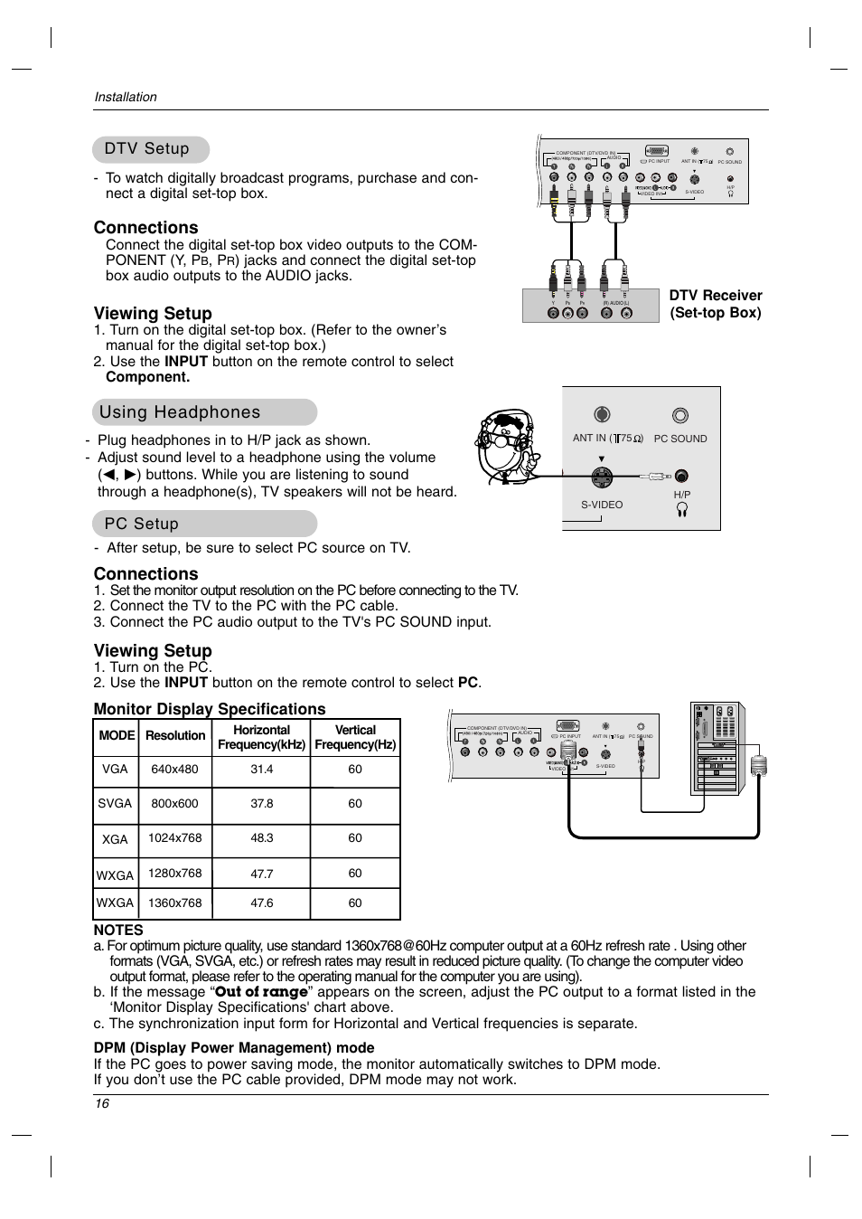 Connections, Viewing setup, Using headphones | Pc setup, Dtv setup, Monitor display specifications, After setup, be sure to select pc source on tv | LG 23LC1R* User Manual | Page 16 / 36