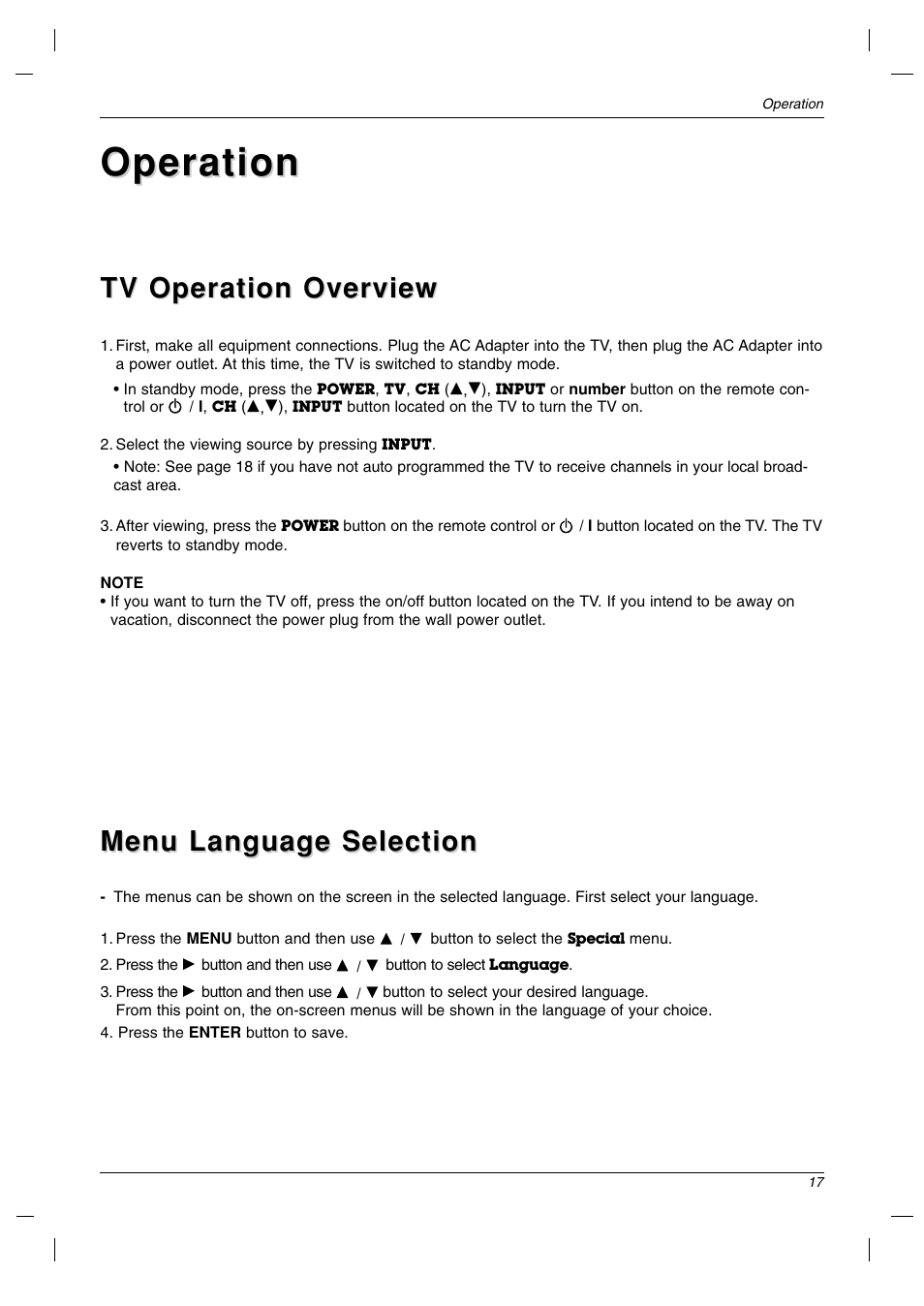 Operation, Menu language selection | LG 23LC1R* User Manual | Page 17 / 36
