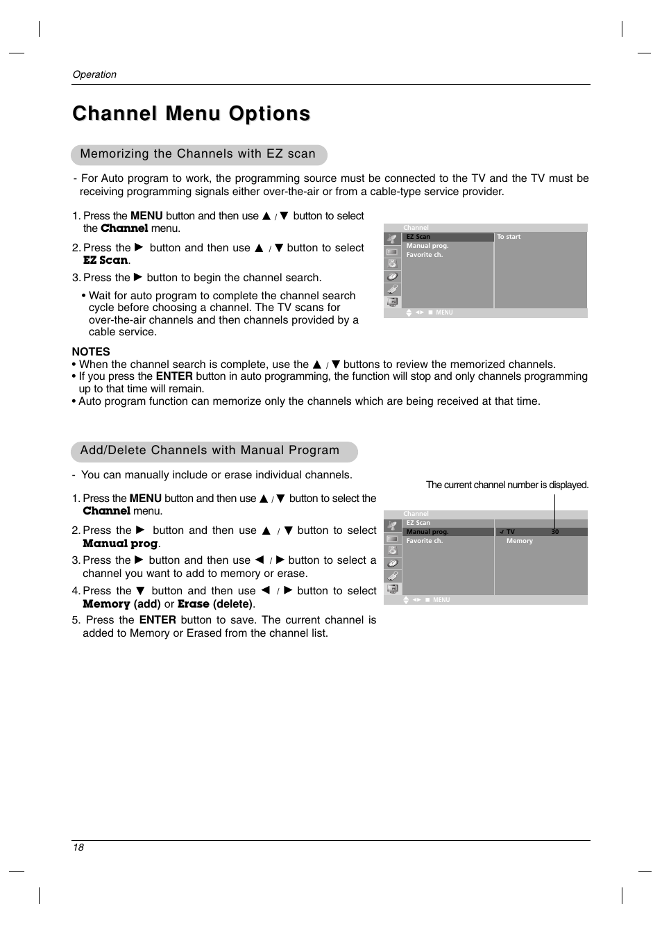Channel menu options | LG 23LC1R* User Manual | Page 18 / 36