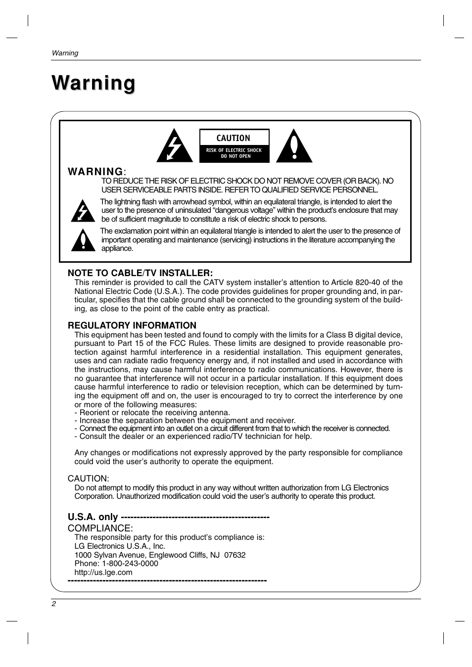 Warning arning | LG 23LC1R* User Manual | Page 2 / 36