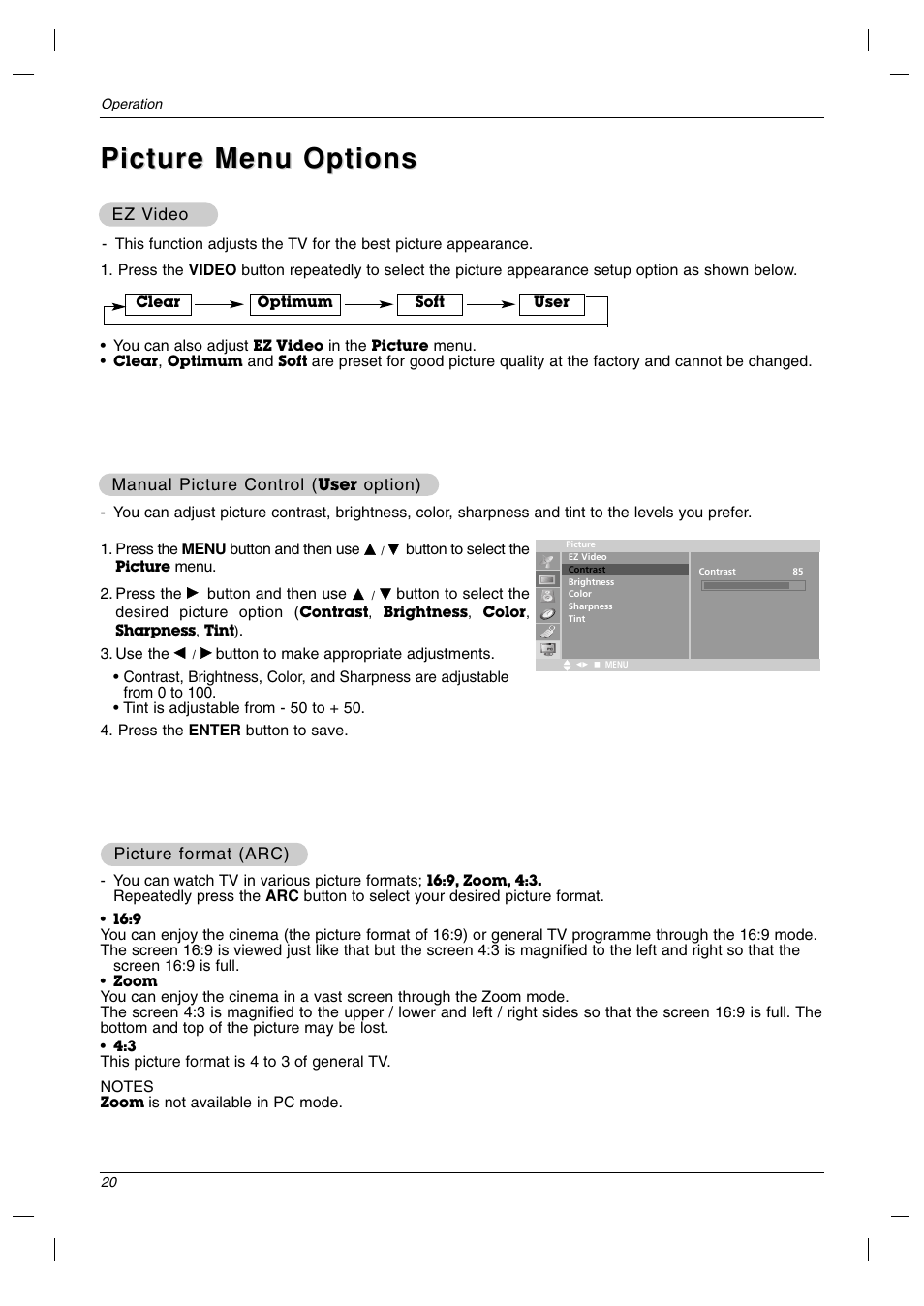 Picture menu options | LG 23LC1R* User Manual | Page 20 / 36