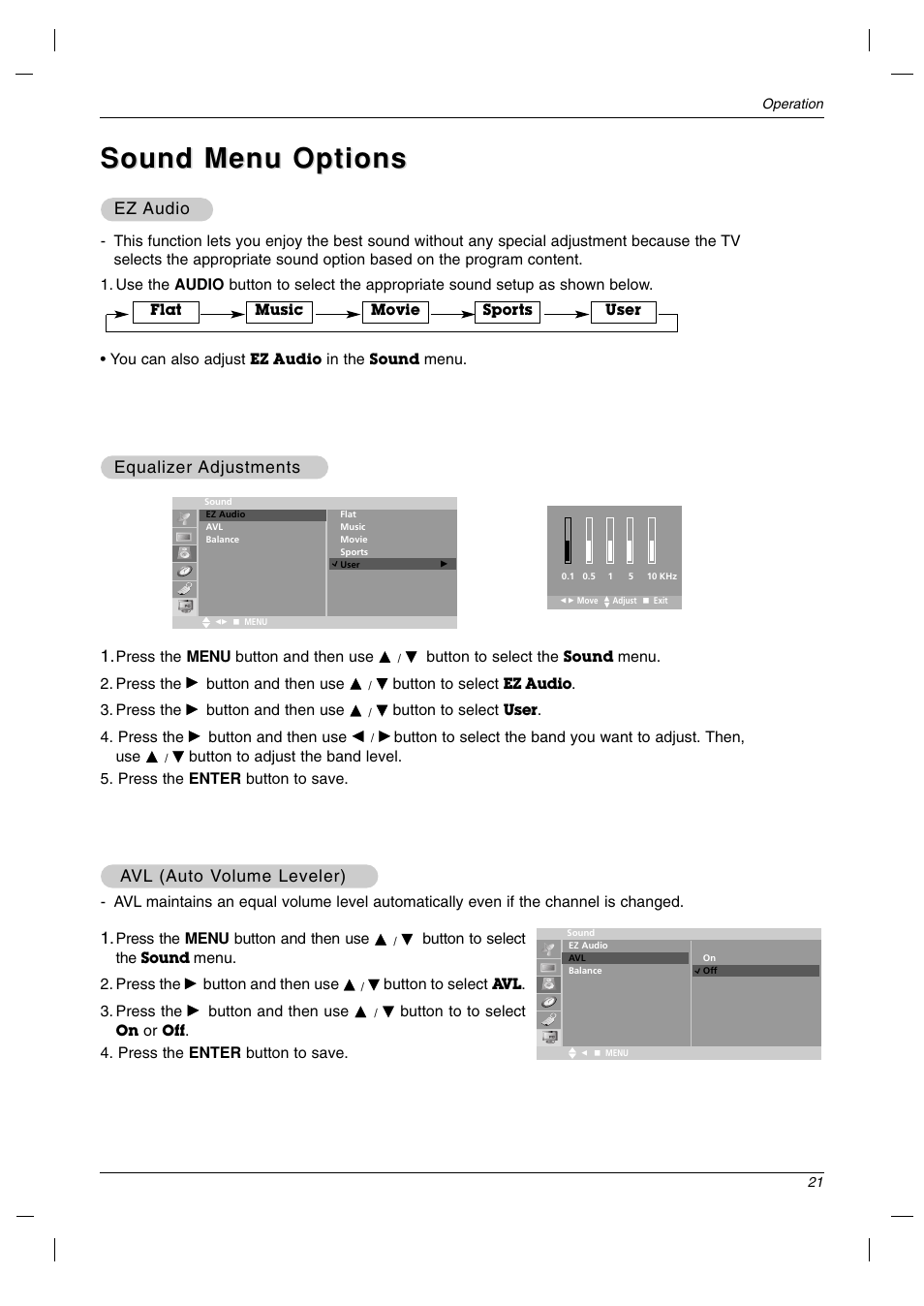 Sound menu options | LG 23LC1R* User Manual | Page 21 / 36