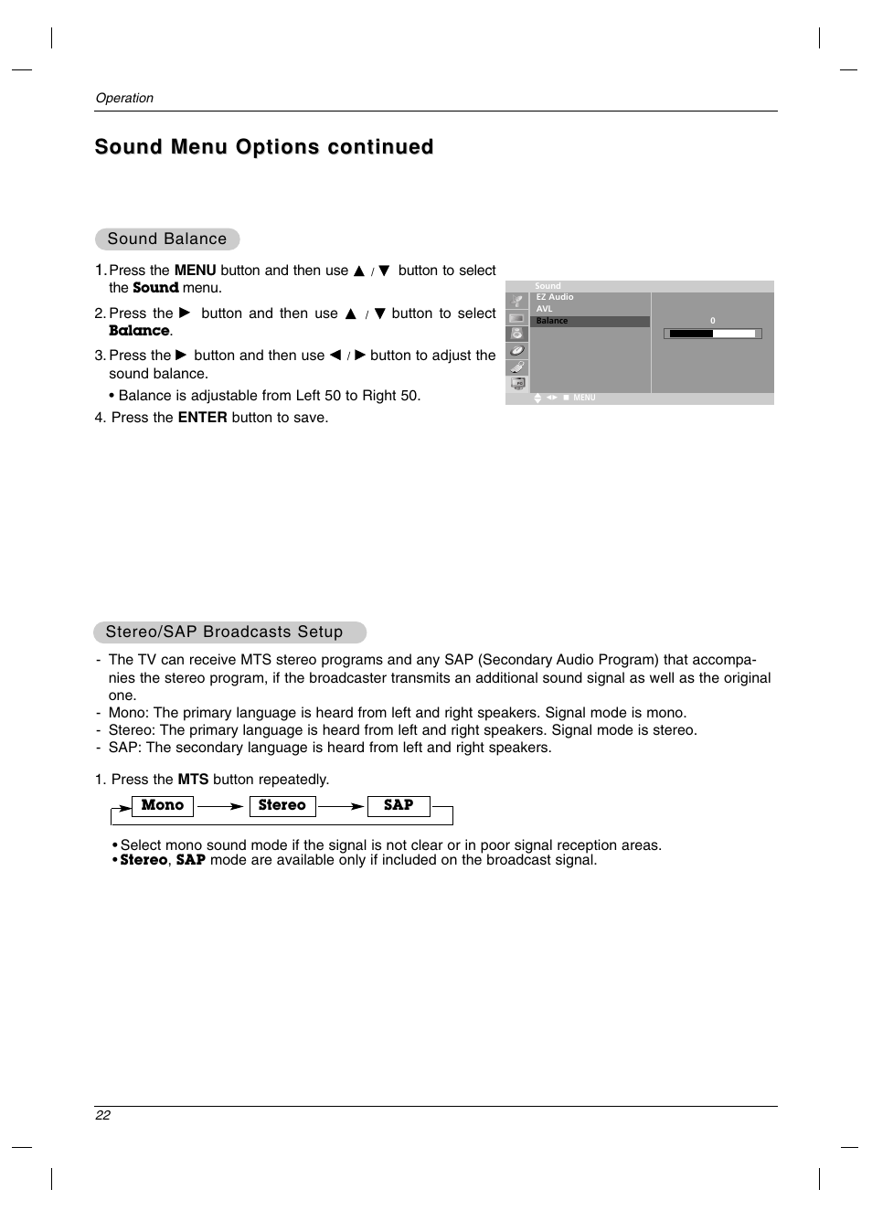 Sound menu options continued | LG 23LC1R* User Manual | Page 22 / 36