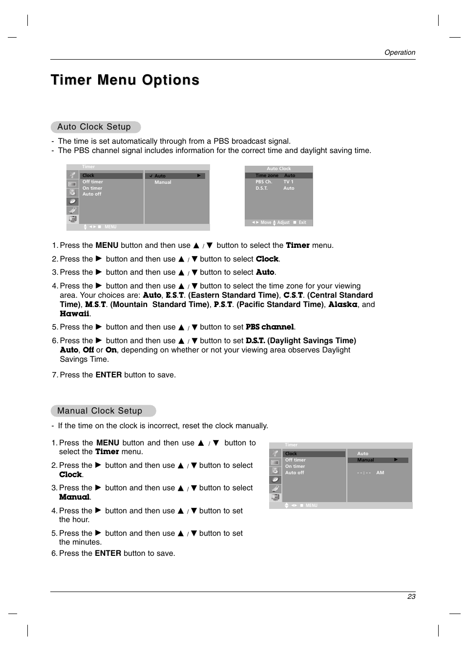 Timer menu options imer menu options | LG 23LC1R* User Manual | Page 23 / 36