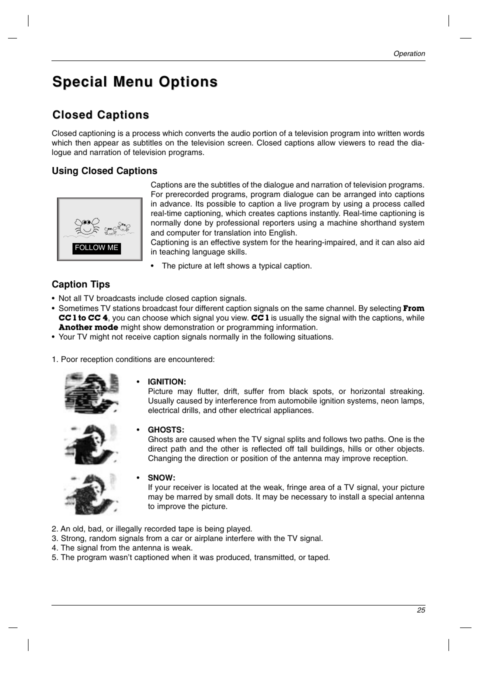 Special menu options, Closed captions | LG 23LC1R* User Manual | Page 25 / 36