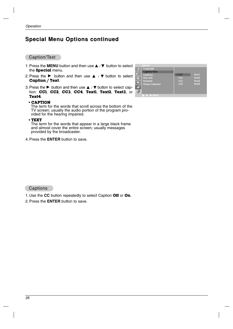 Special menu options continued | LG 23LC1R* User Manual | Page 26 / 36