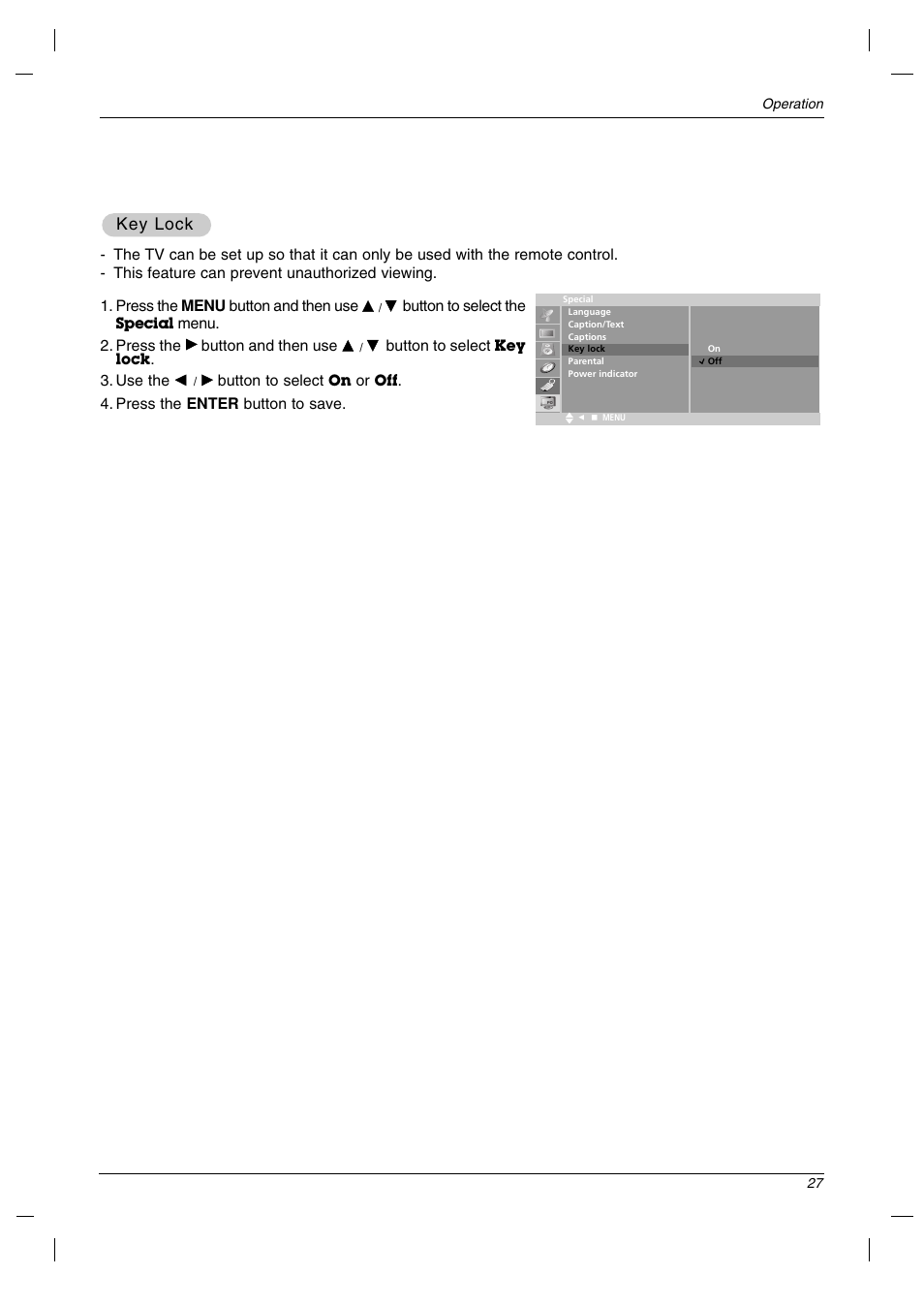 Key lock | LG 23LC1R* User Manual | Page 27 / 36