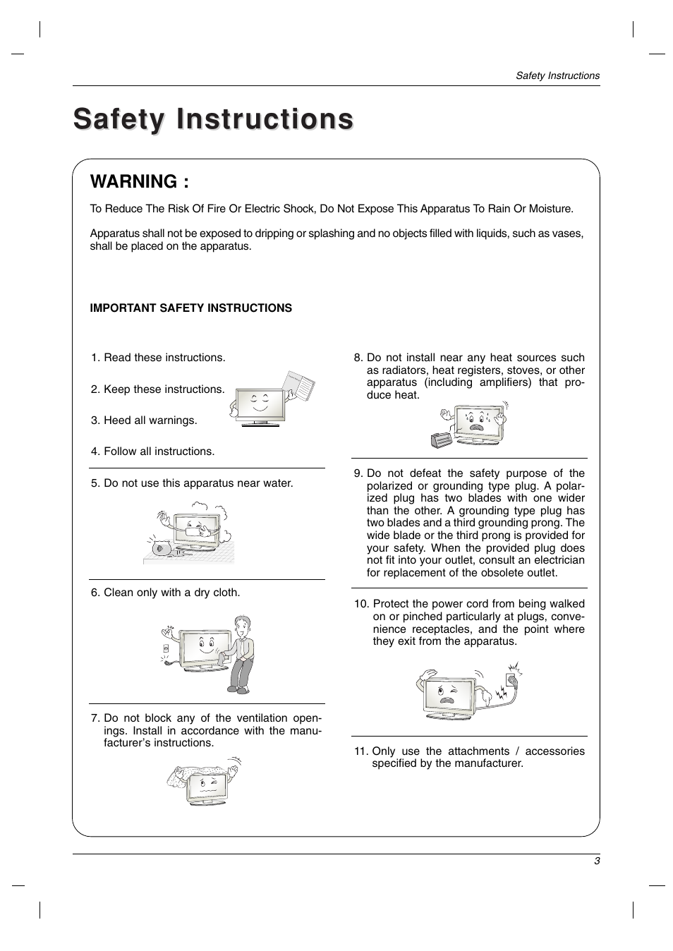 Safety instructions, Warning | LG 23LC1R* User Manual | Page 3 / 36