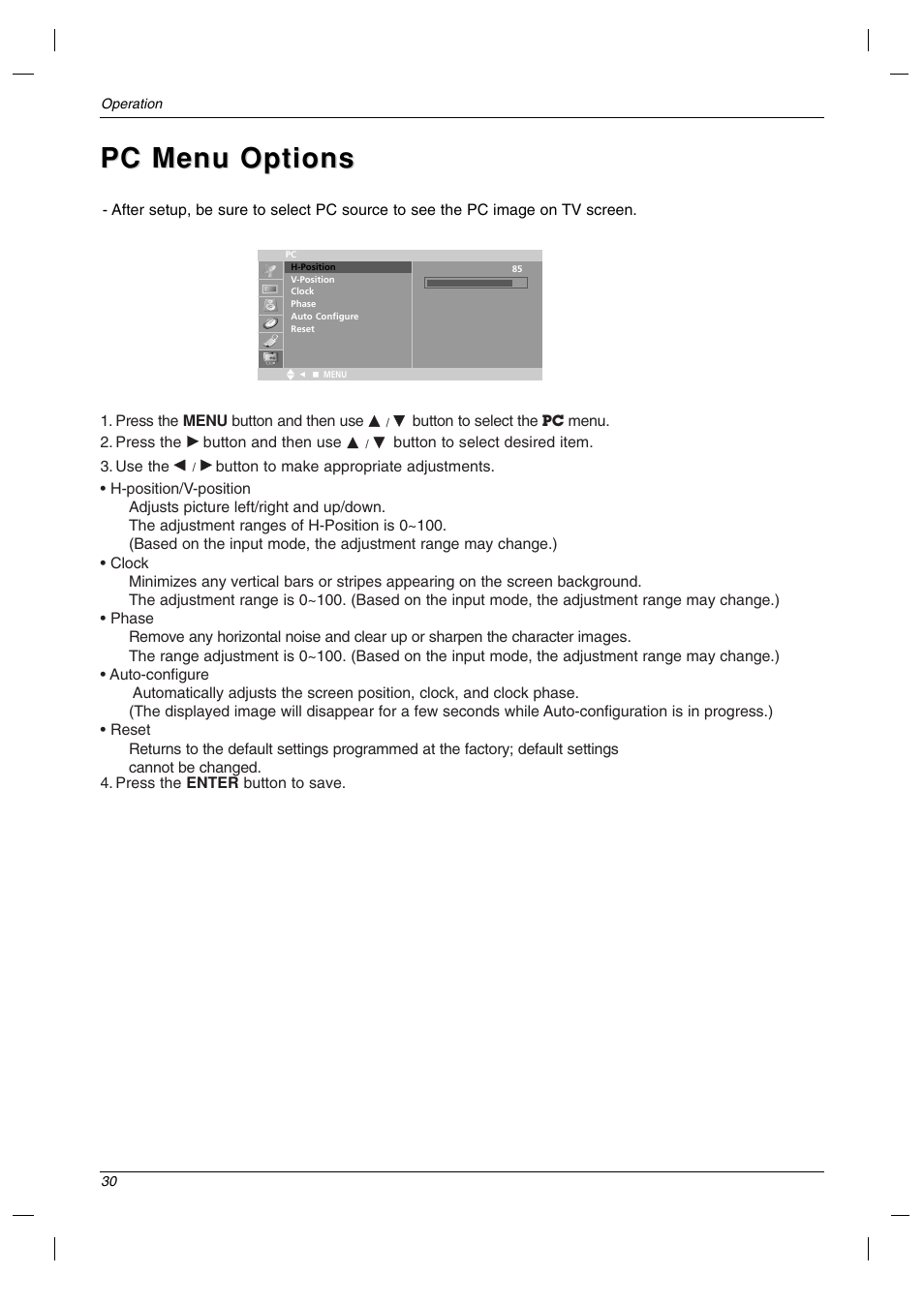 Pc menu options | LG 23LC1R* User Manual | Page 30 / 36