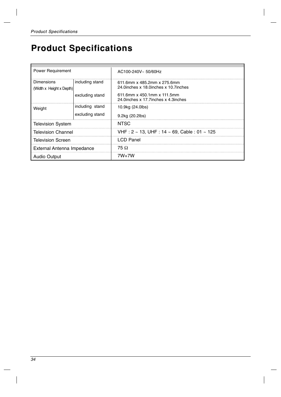 Product specifications | LG 23LC1R* User Manual | Page 34 / 36