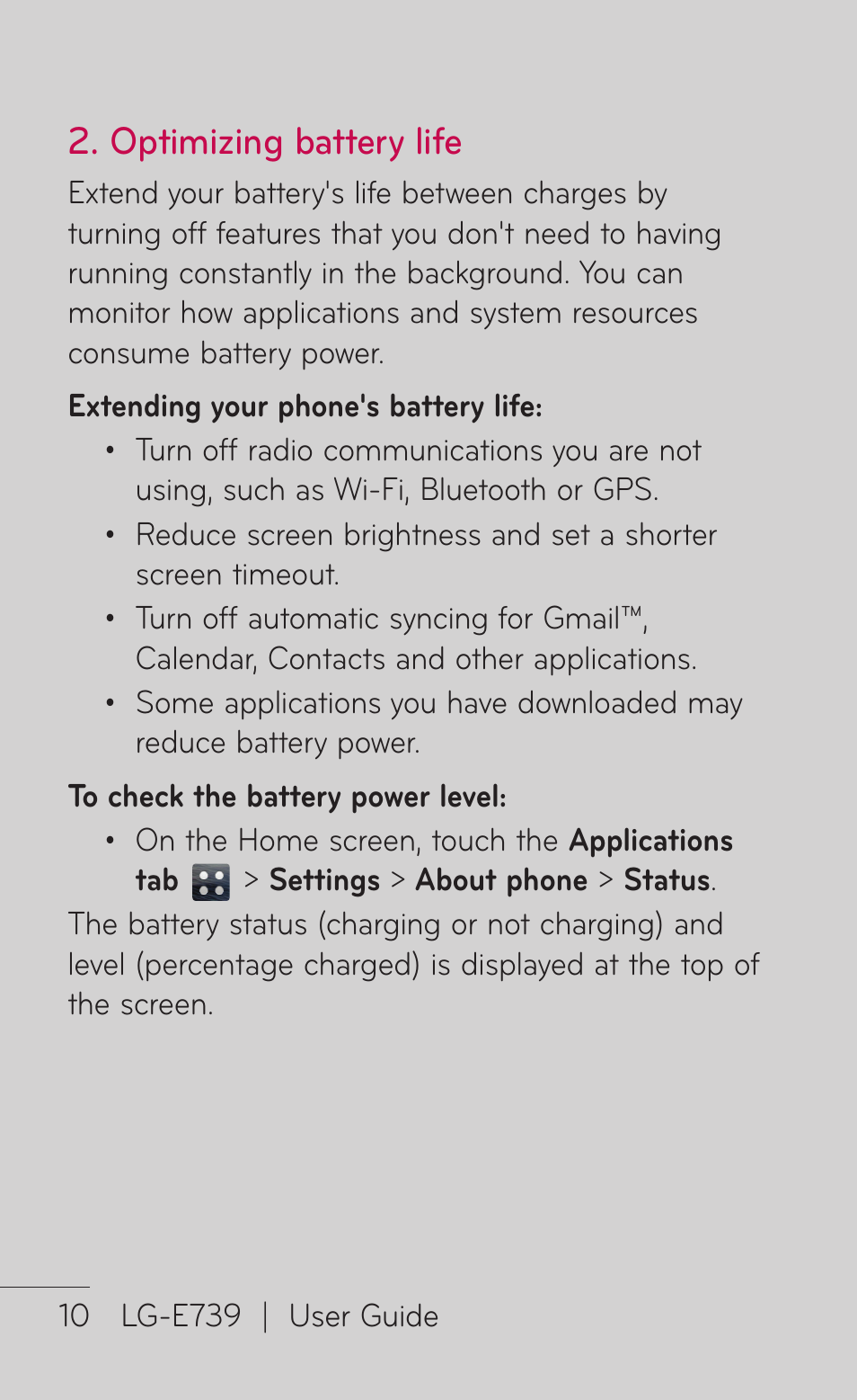Optimizing battery life | LG E739 User Manual | Page 10 / 146
