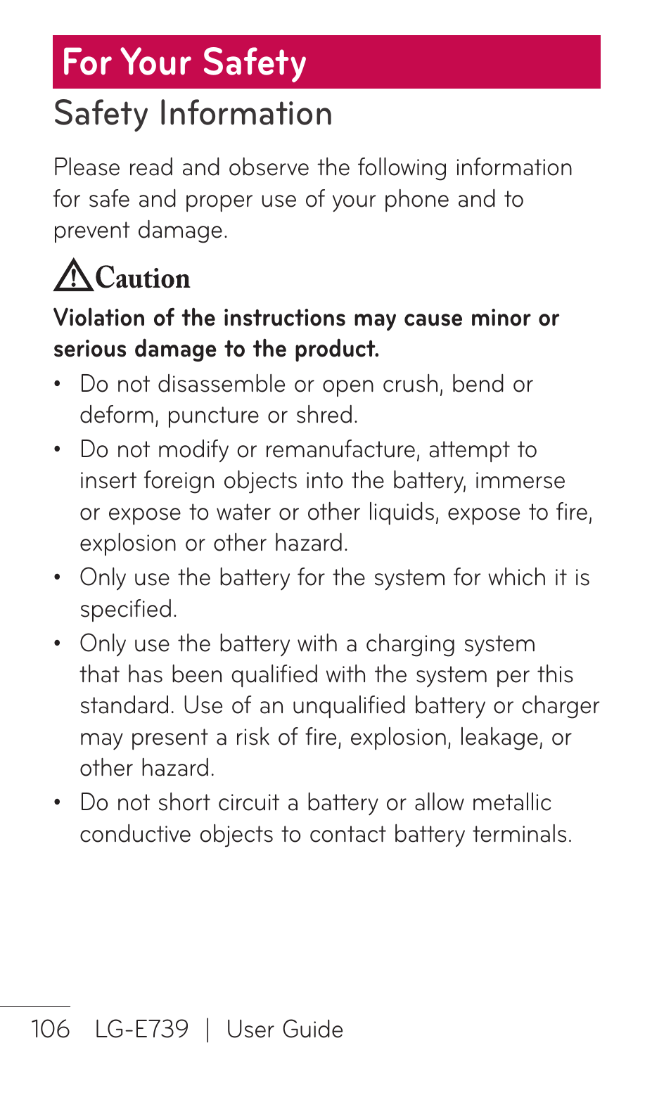 For your safety, Safety information | LG E739 User Manual | Page 106 / 146