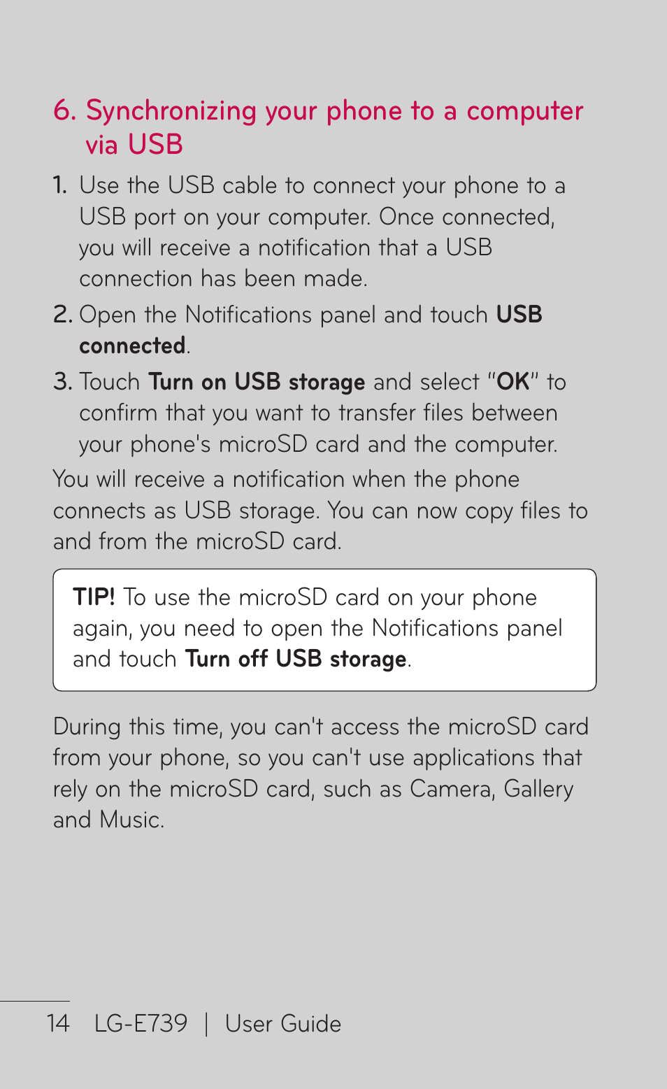 Synchronizing your phone to a computer via usb | LG E739 User Manual | Page 14 / 146