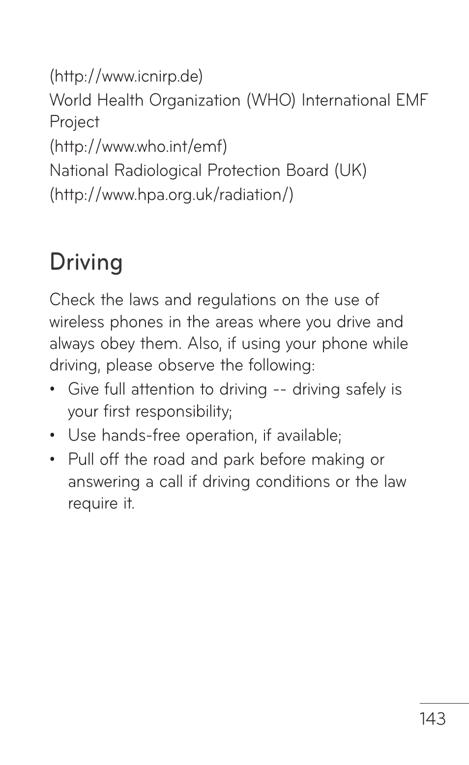 Driving | LG E739 User Manual | Page 143 / 146