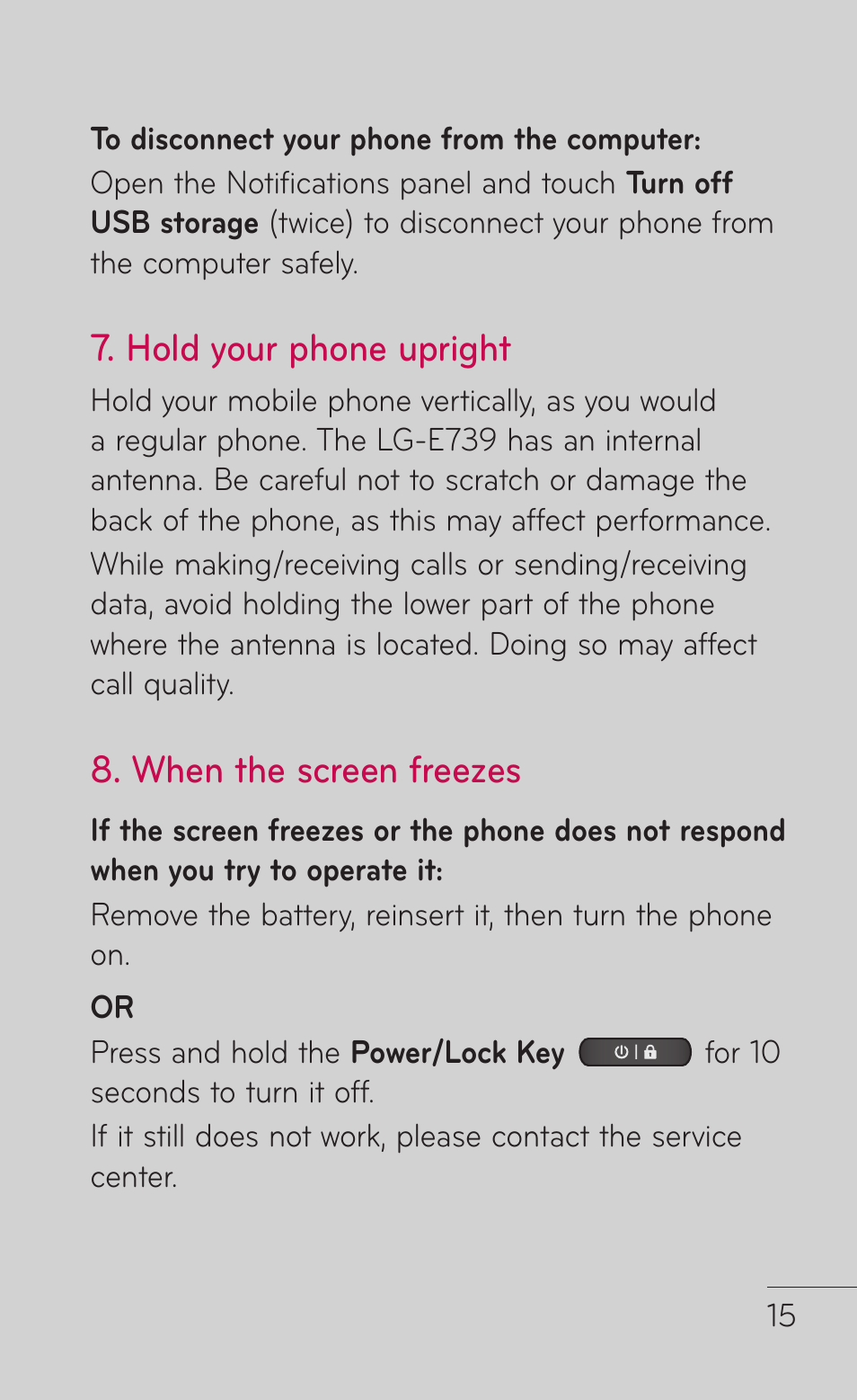 Hold your phone upright, When the screen freezes | LG E739 User Manual | Page 15 / 146