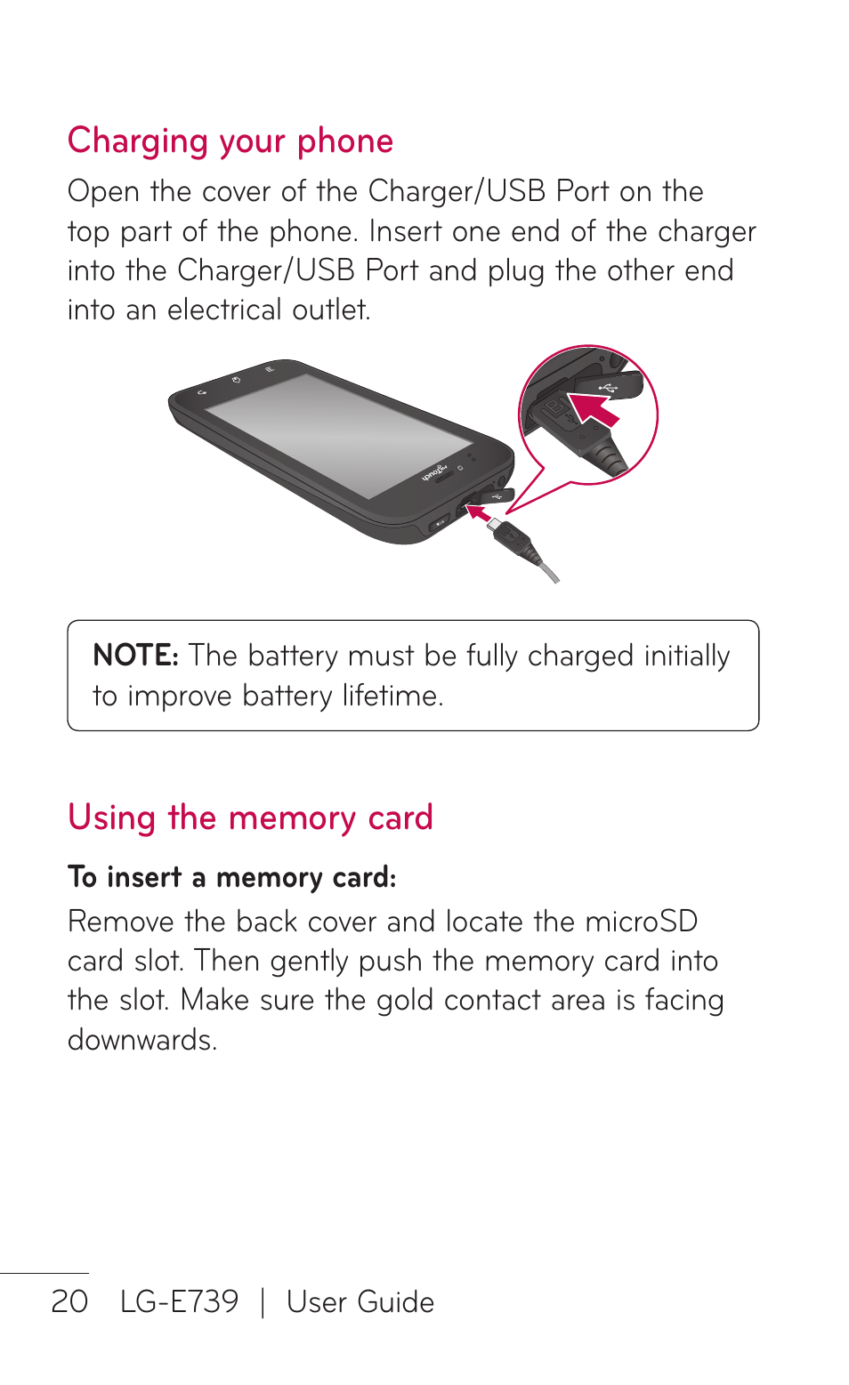 Charging your phone | LG E739 User Manual | Page 20 / 146