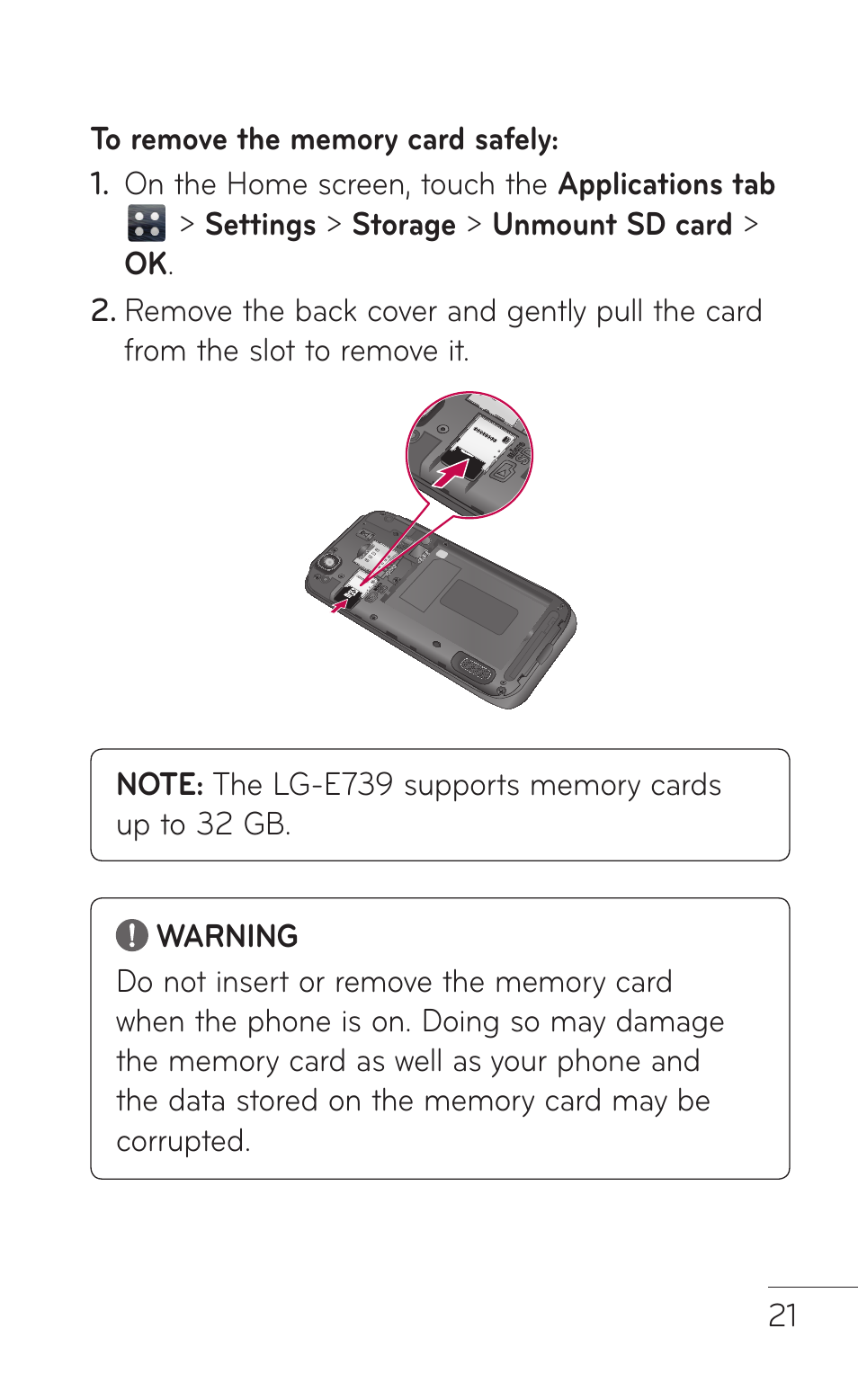 LG E739 User Manual | Page 21 / 146