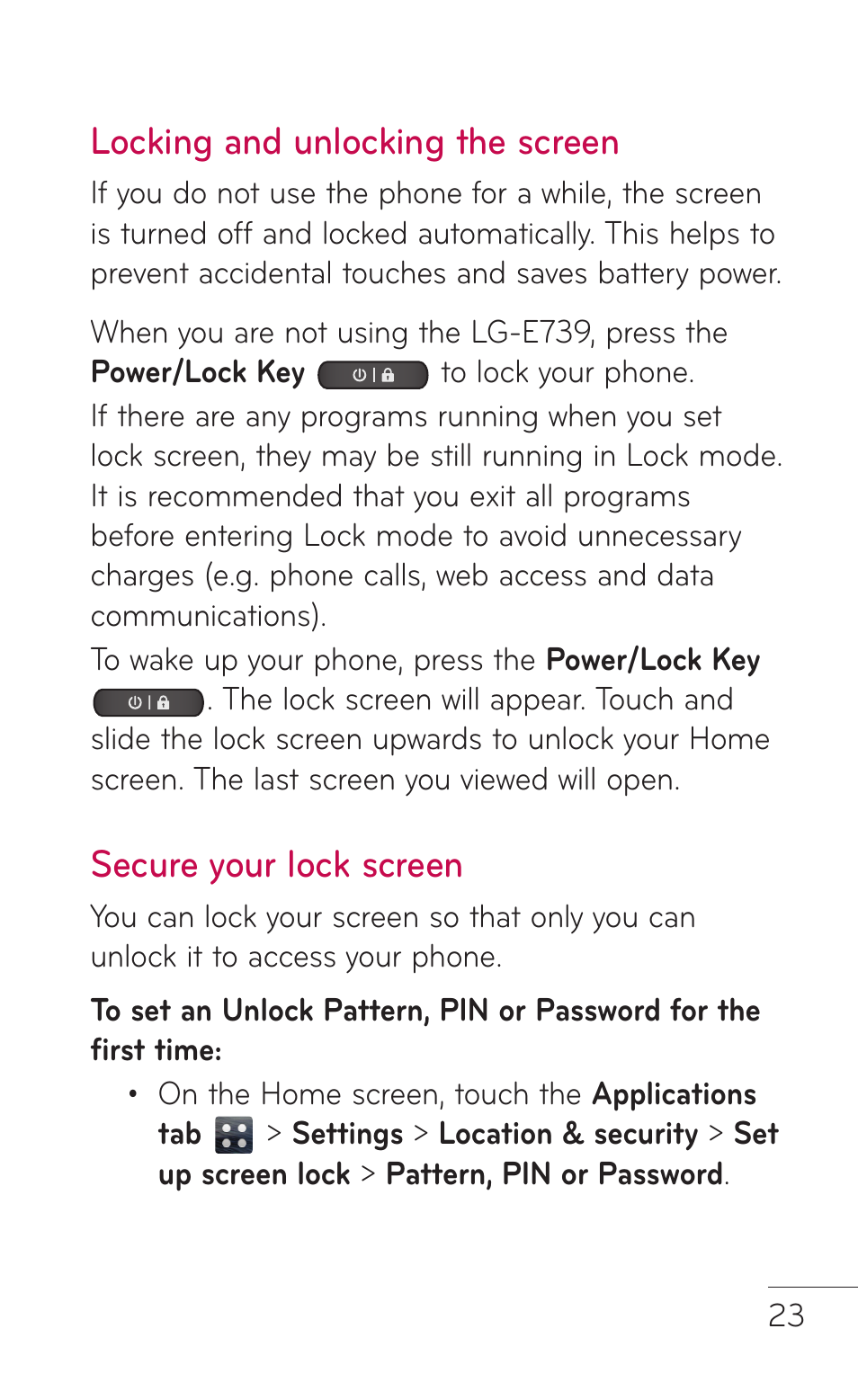 Locking and unlocking the screen, Secure your lock screen | LG E739 User Manual | Page 23 / 146