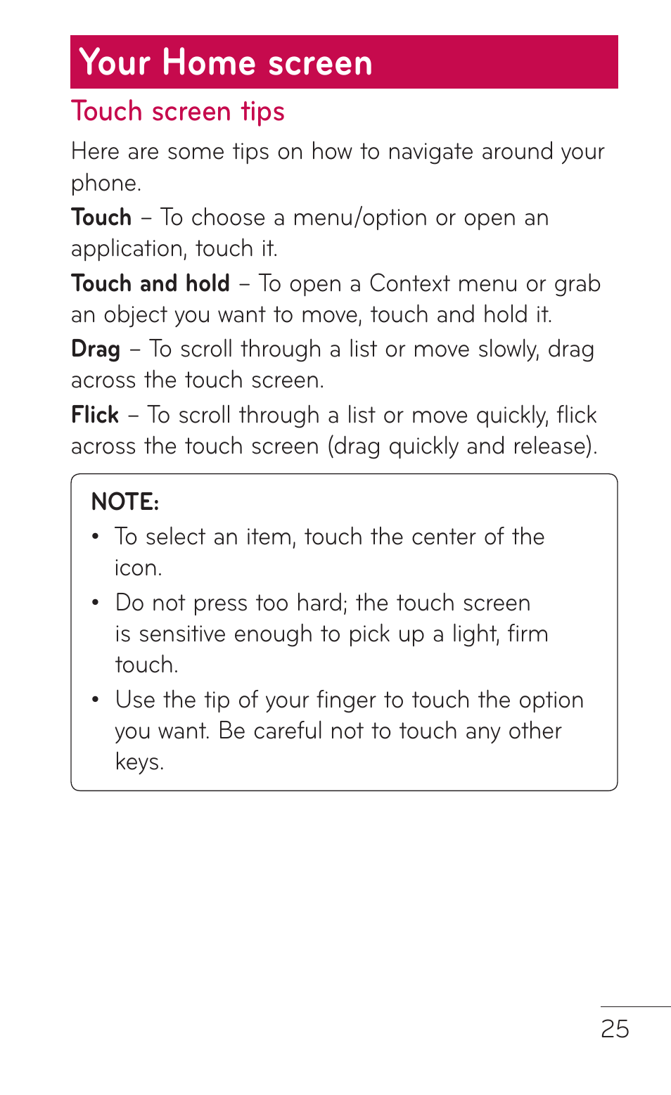 Your home screen, Touch screen tips | LG E739 User Manual | Page 25 / 146