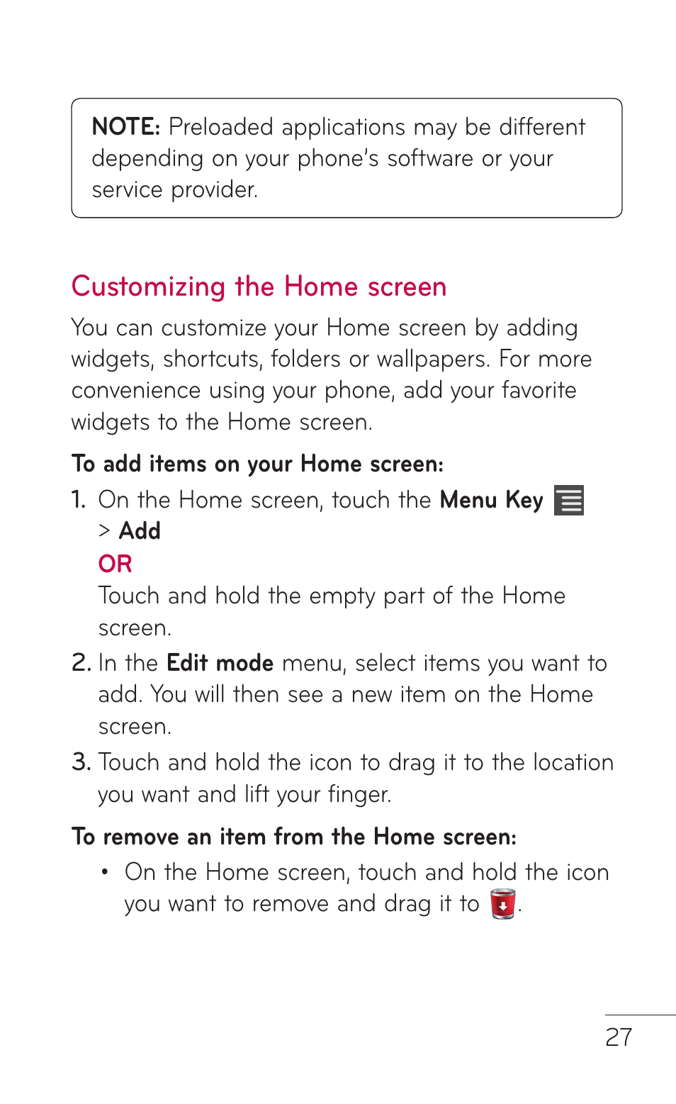 Customizing the home screen | LG E739 User Manual | Page 27 / 146