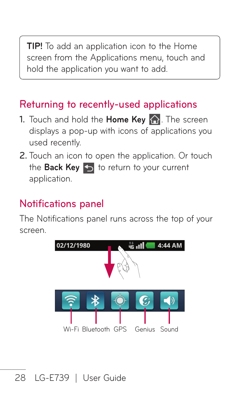 Returning to recently-used applications, Notifications panel | LG E739 User Manual | Page 28 / 146