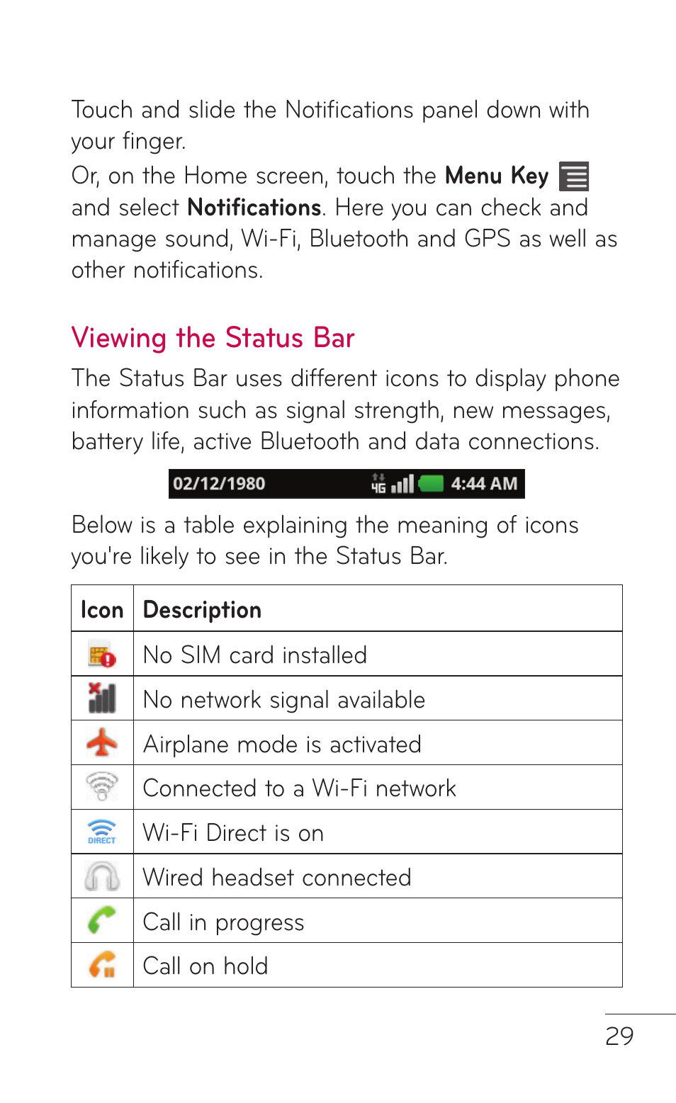 Viewing the status bar | LG E739 User Manual | Page 29 / 146