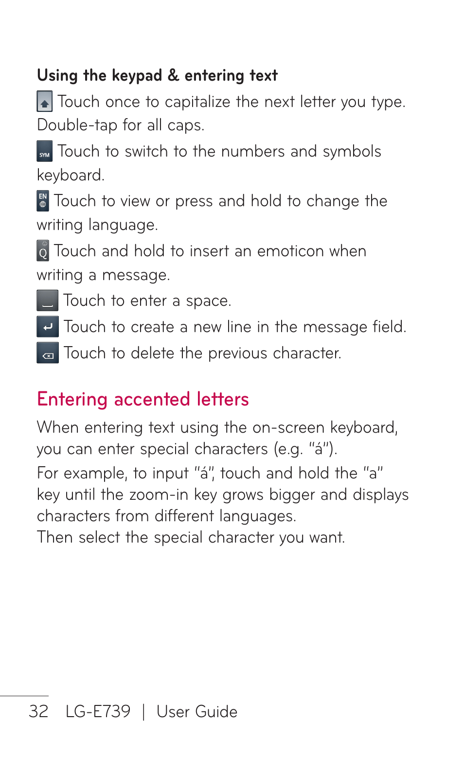 Entering accented letters | LG E739 User Manual | Page 32 / 146