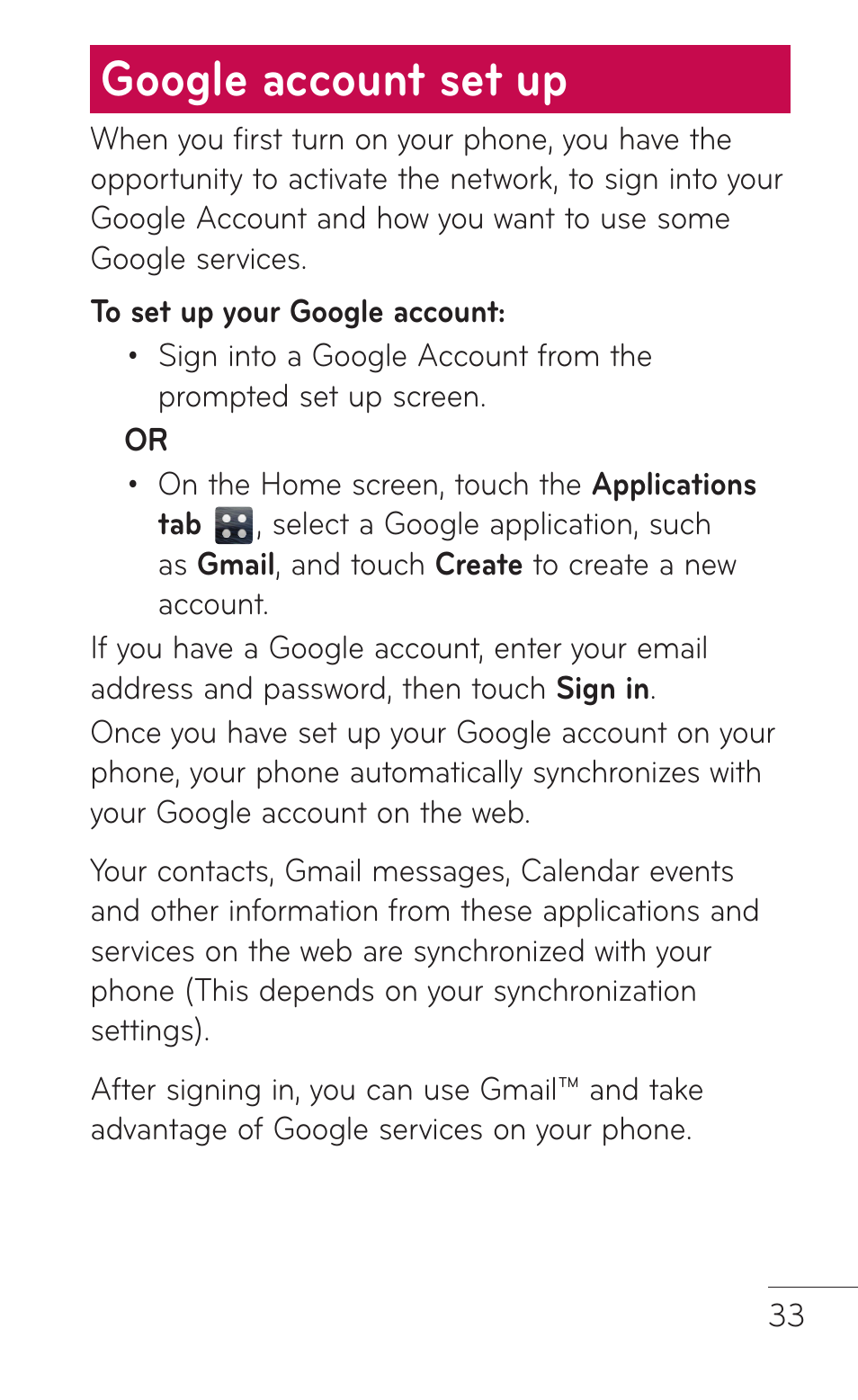 Google account set up | LG E739 User Manual | Page 33 / 146