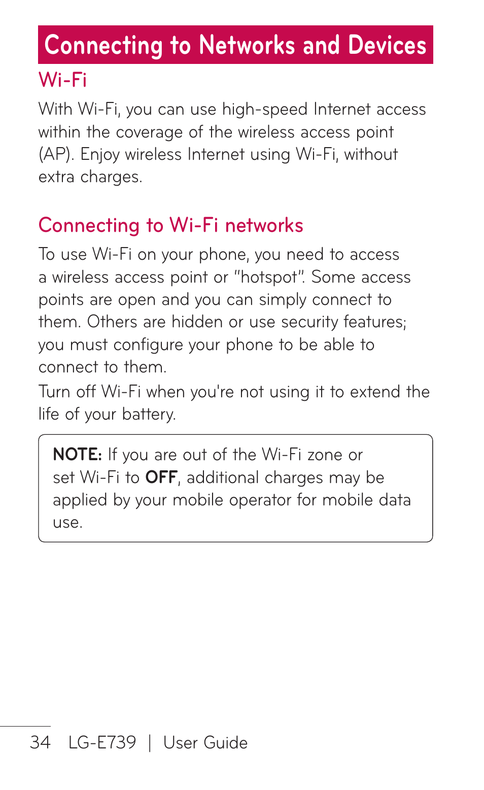 Connecting to networks and devices, Wi-fi, Connecting to wi-fi networks | LG E739 User Manual | Page 34 / 146