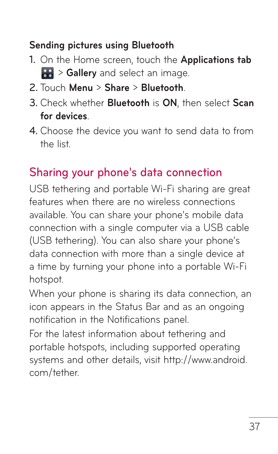 Sharing your phone's data connection | LG E739 User Manual | Page 37 / 146