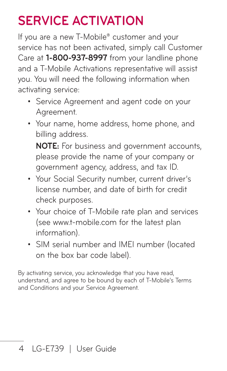 Service activation | LG E739 User Manual | Page 4 / 146