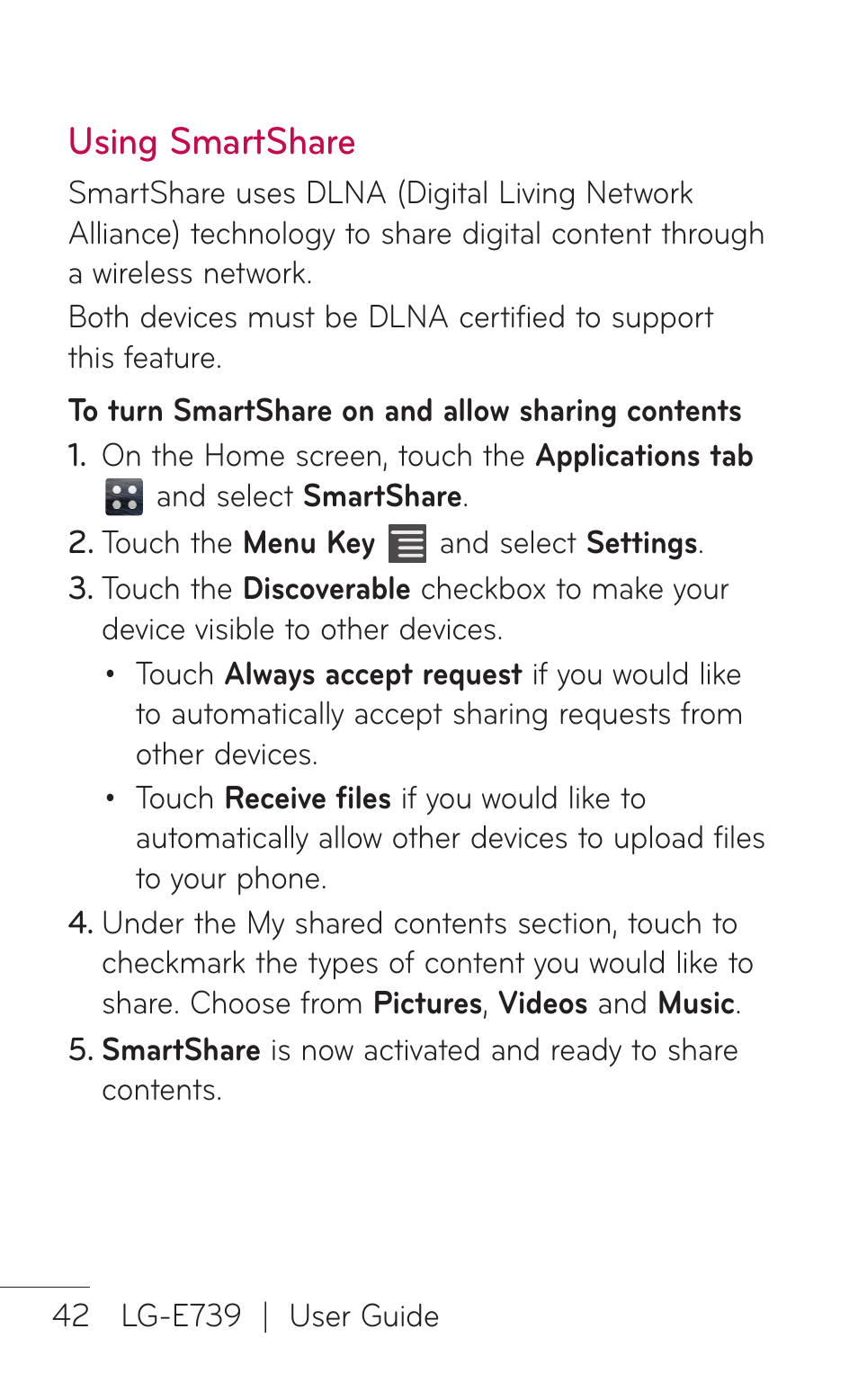 Using smartshare | LG E739 User Manual | Page 42 / 146