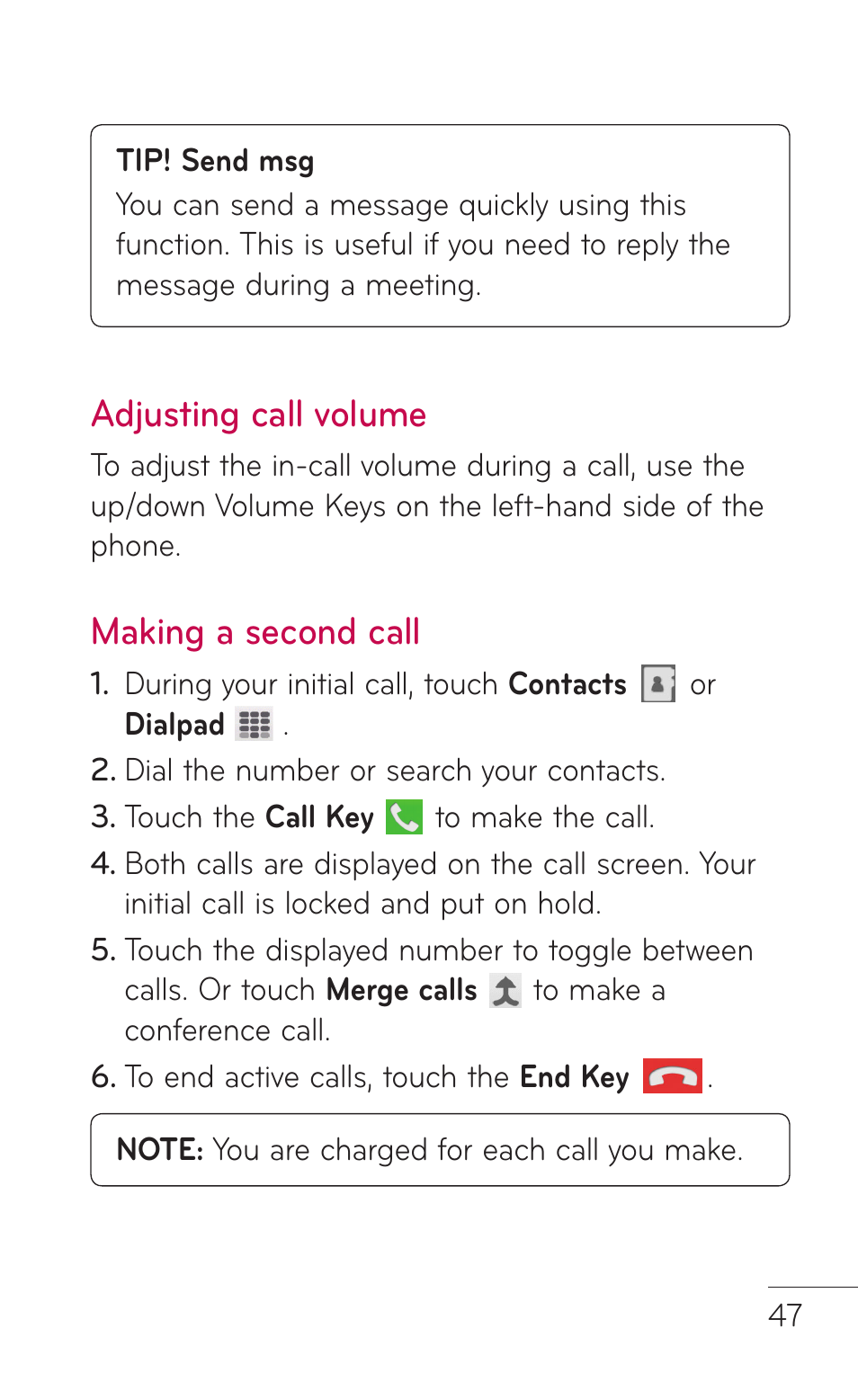 Adjusting call volume, Making a second call | LG E739 User Manual | Page 47 / 146