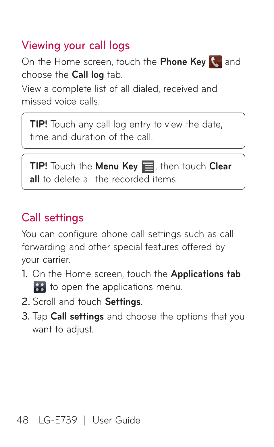 Viewing your call logs, Call settings | LG E739 User Manual | Page 48 / 146