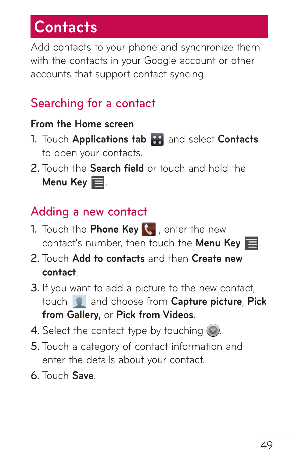 Contacts, Searching for a contact, Adding a new contact | LG E739 User Manual | Page 49 / 146