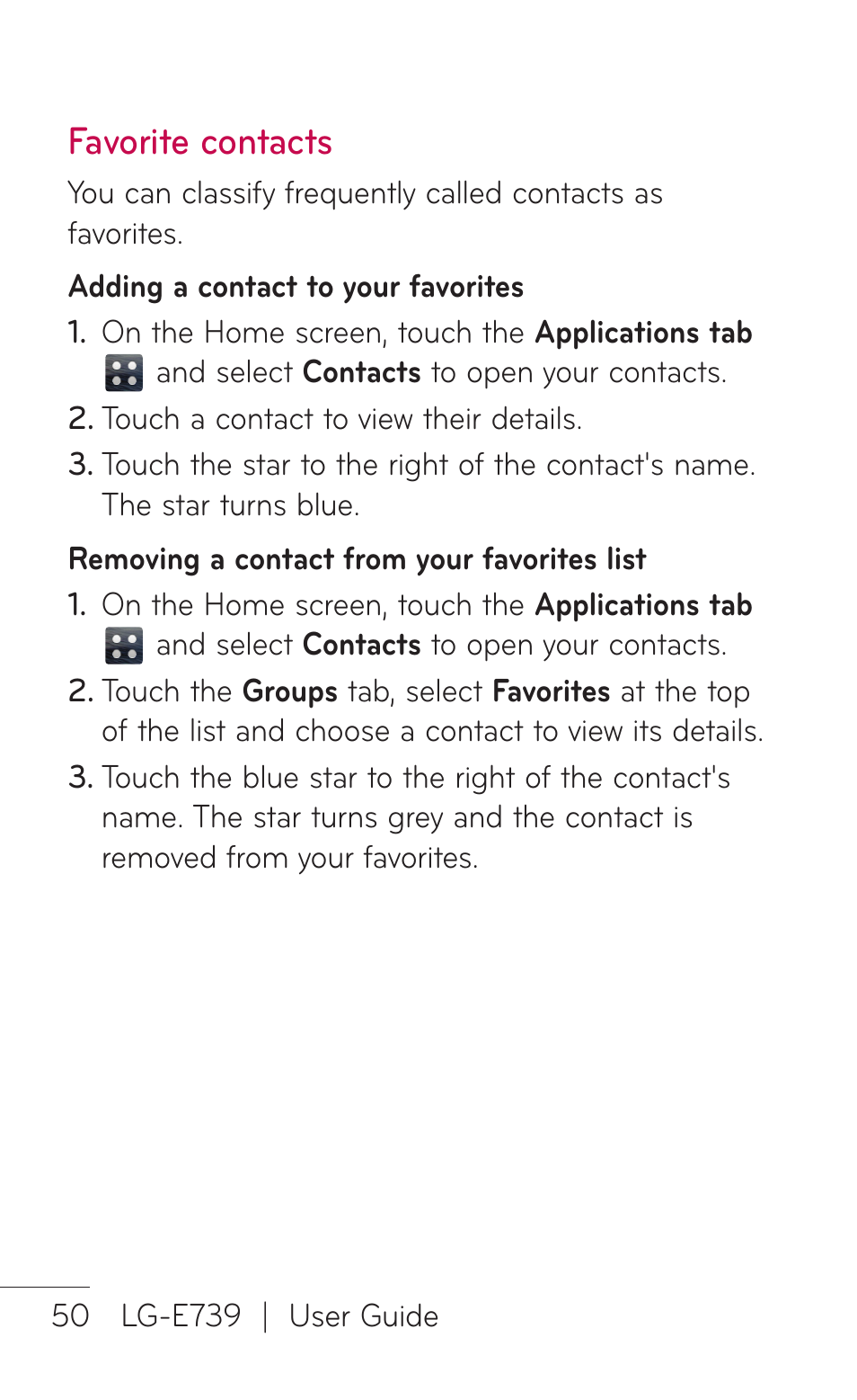 Favorite contacts | LG E739 User Manual | Page 50 / 146