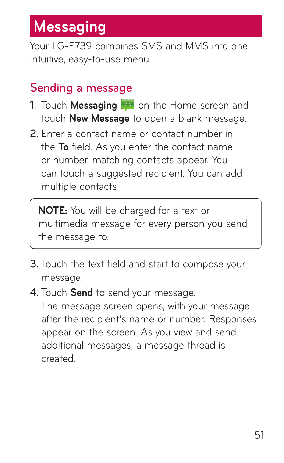 Messaging, Sending a message | LG E739 User Manual | Page 51 / 146