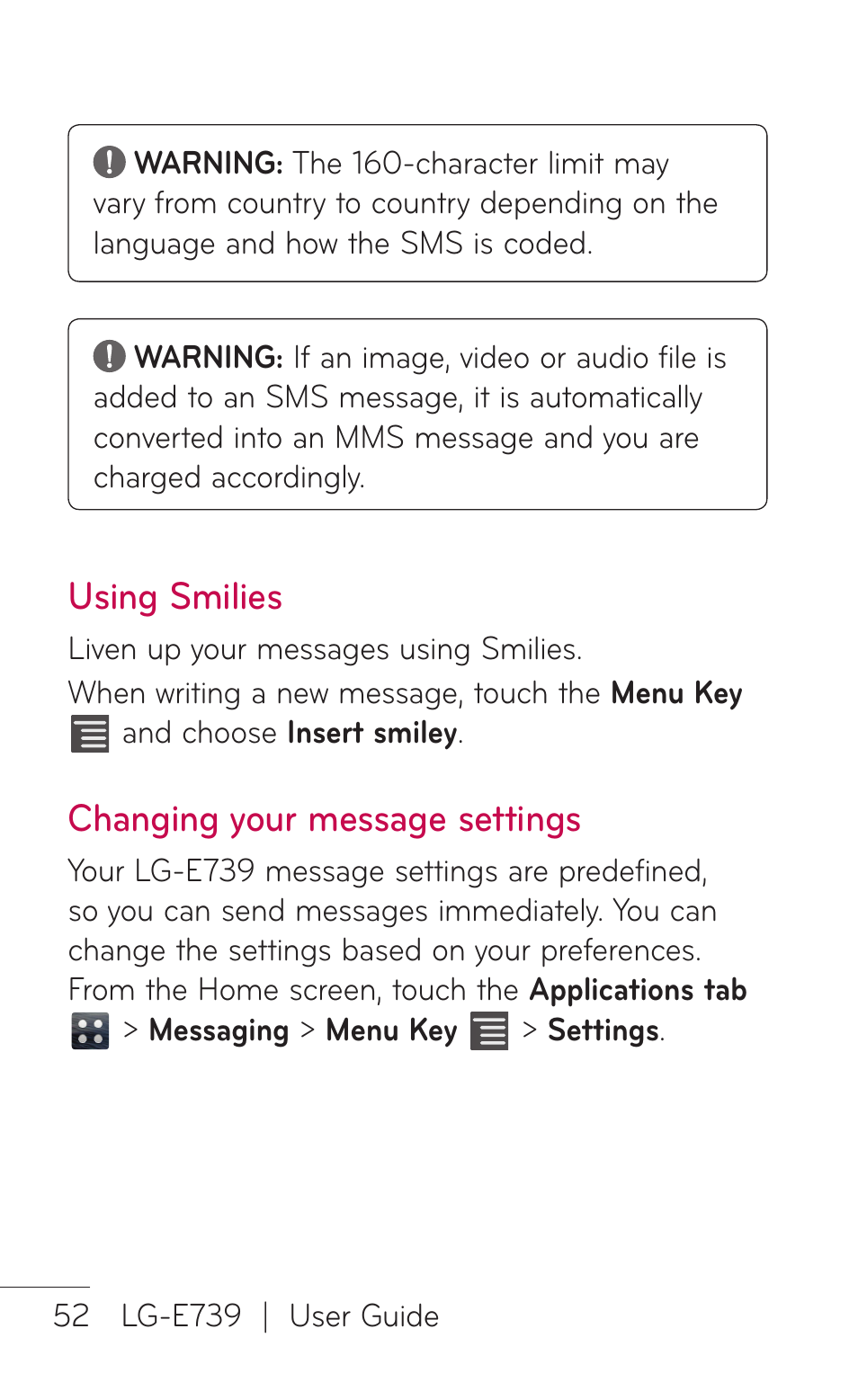 Using smilies, Changing your message settings | LG E739 User Manual | Page 52 / 146