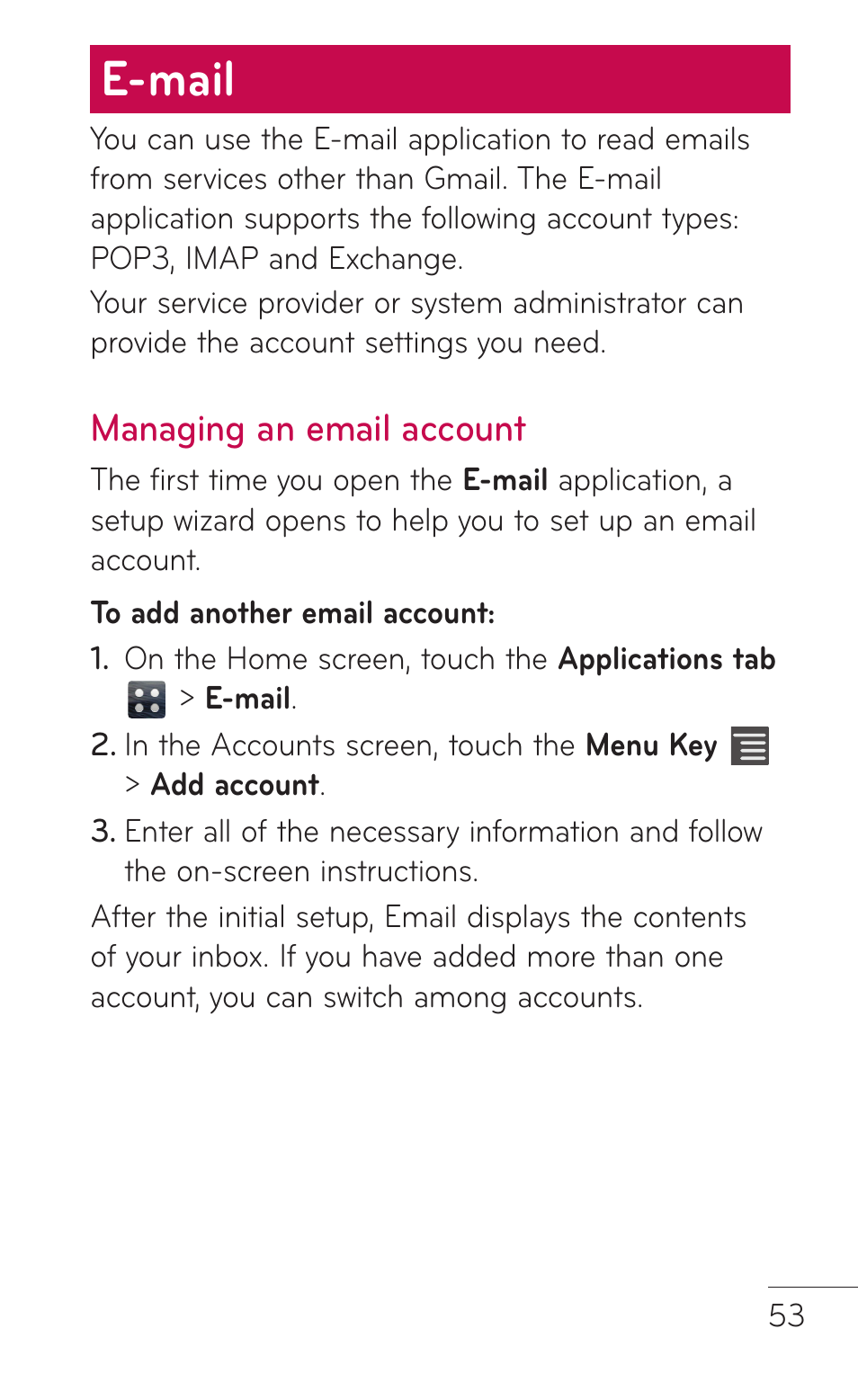 E-mail, Managing an email account | LG E739 User Manual | Page 53 / 146